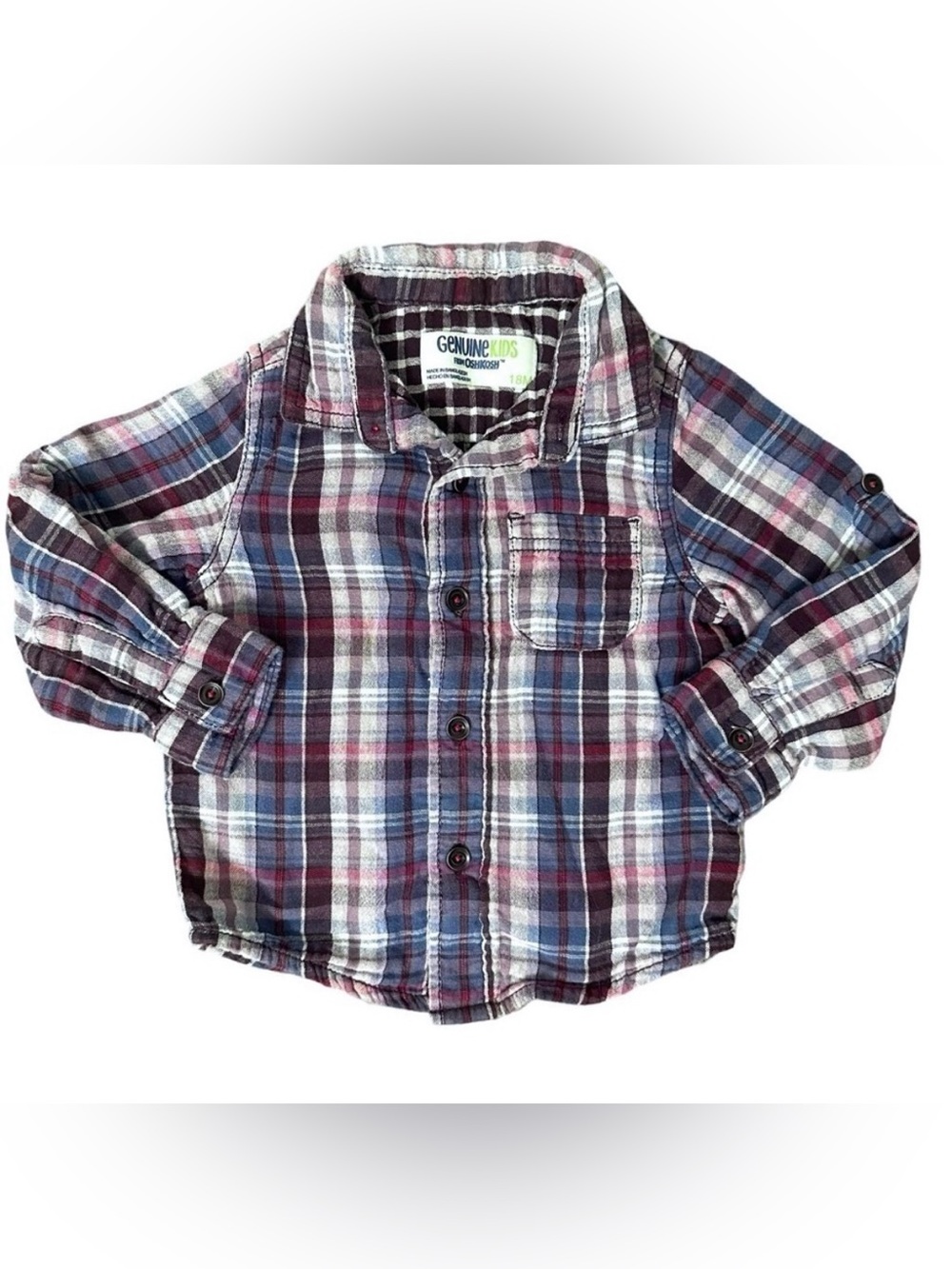 OshKosh B'Gosh 18m Boys Red Blue plaid long sleeve button down collared shirt